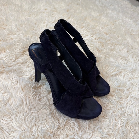 DVF Diane Von Furstenberg Zia Suede 5" Heels Platform Sandals navy blue SZ 8.5M - Picture 1 of 10